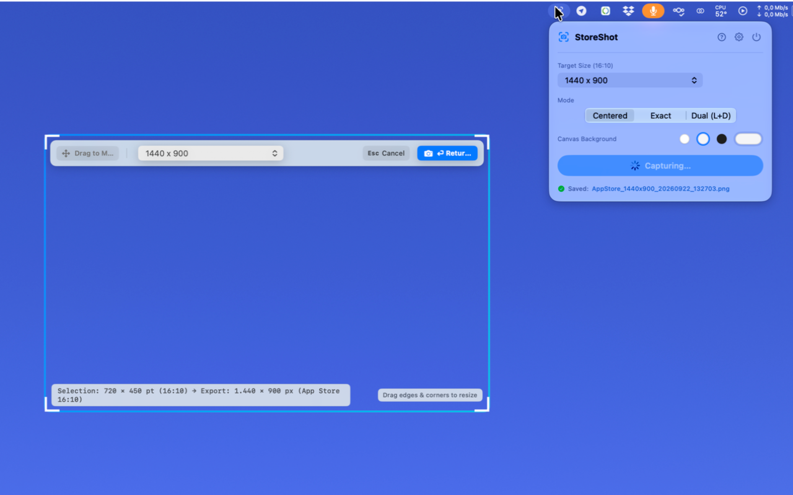 StoreShot Interaktives Capture Overlay und Menüleisten Popover